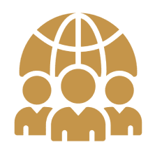 Three figures under a globe icon